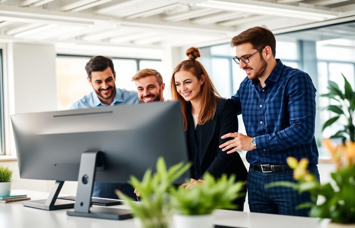 Software engineers collaborating around a large monitor in a bright office